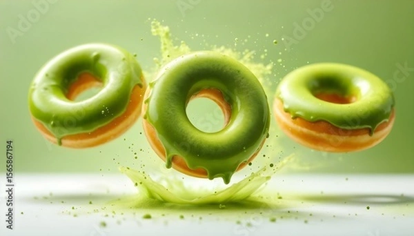 Obraz Three matcha-glazed donuts levitating with powder splash


