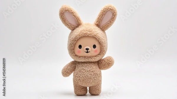 Fototapeta Cute plush toy with brown fur, rabbit ears on head, holding animal-shaped sticker, standing upright in front of white background; clear details, bright colors, high saturation, soft lighting
