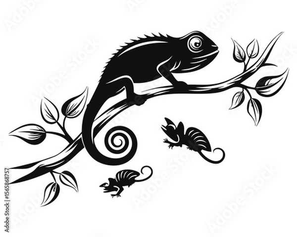 Fototapeta Whimsical cartoon chameleon with a sleek black silhouette artfully perched and climbing along a textured branch showcasing vibrant colors