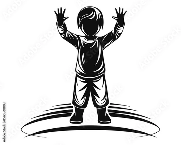 Fototapeta A stark black silhouette of a young child standing against a clean bright white background conveying innocence and simplicity in its design