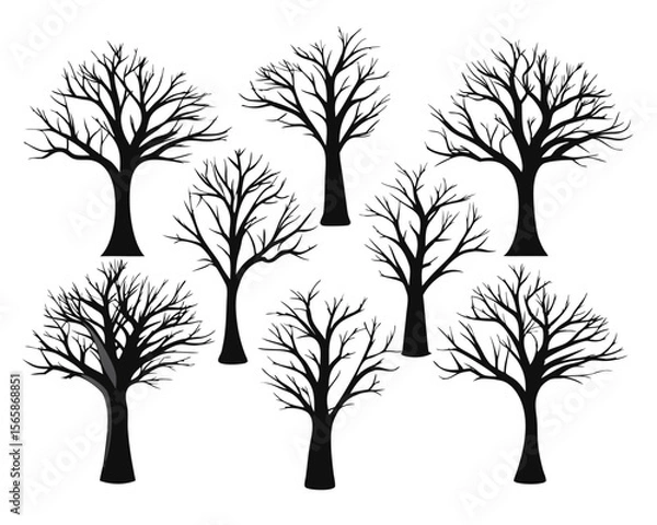 Fototapeta A striking collection of bare deciduous trees artistically rendered with stark branches presented on a clean white backdrop for versatile design applications