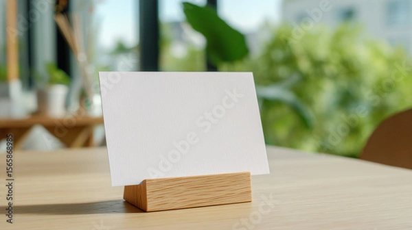 Obraz 木製カードスタンドに立てた白い無地カードのモックアップ（室内・自然光・テーブル上）