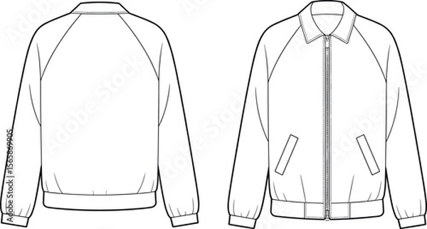 Fototapeta Men's bomber jacket front and back view, fashion technical flat sketch, zipper closure, ribbed hem and cuffs, vector template