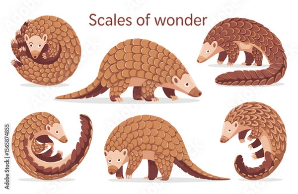 Fototapeta Illustration of Six Brown Scaled Pangolins in Various Poses Isolated on White Background