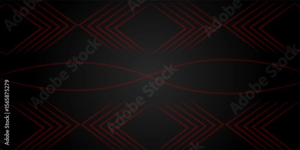 Fototapeta Abstract dark background with red geometric lines forming symmetrical diamond and wave patterns, creating a modern design.