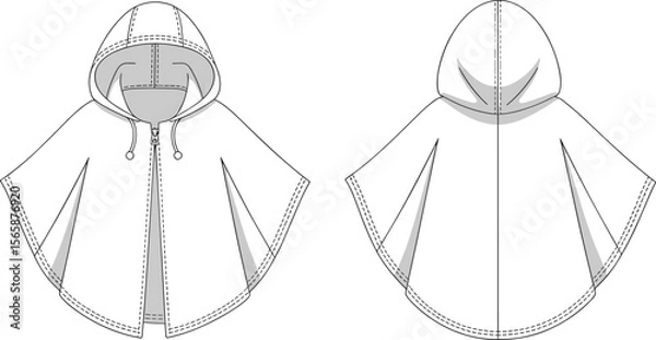 Fototapeta Technical flat sketch hooded cape poncho with zipper and drawstring, vector fashion illustration for outerwear, front and back design layout