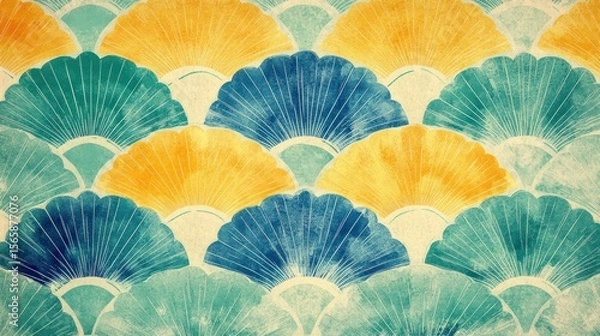 Fototapeta Watercolor fan pattern, teal, gold texture background, design
