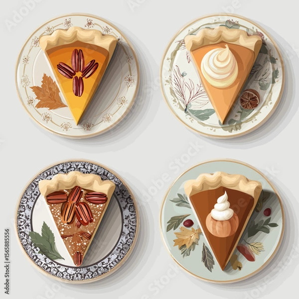 Fototapeta Elegant autumn desserts featuring pecan pie slices and whole pie on vintage decorative plates with fall leaf patterns, perfect for Thanksgiving celebrations