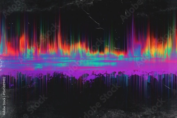Obraz Neon purple and blue gradient texture with glitch art effects, grainy lo-fi noise, retro vaporwave grunge distortion on dark background, abstract digital glitch, retro futuristic design element.