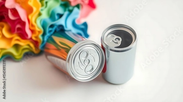 Fototapeta Metallic soda cans isolated on a white background, opened and closed version, clean 3D design suitable for beverage packaging, product branding, or mockups