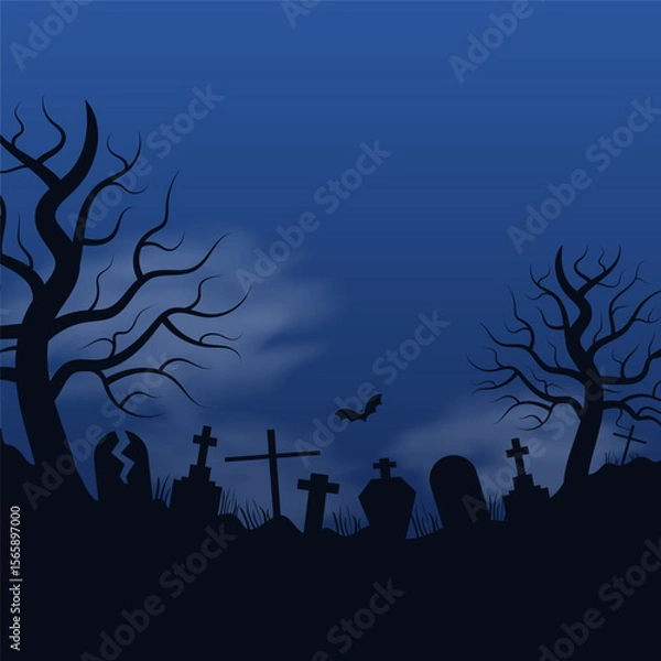 Fototapeta Creepy Halloween night background with tombstones, bats, dry trees and clouds. Horizontal layout with space for text. Vector illustration