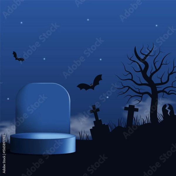 Fototapeta Square Halloween template with podium, bats, graveyard and night sky. Perfect spooky background with place for text. Vector illustration