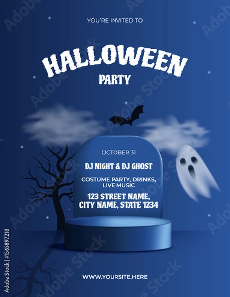 Fototapeta Happy Halloween party invitation banner. Holiday event card for holiday template with podium, bat, tree, ghost flat style dark blue background. Vector illustration