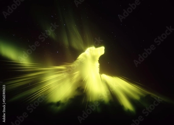 Obraz Vibrant yellow beam creating abstract aurora pattern resembling bird head silhouette against grainy dark backdrop, vintage film aesthetic with dramatic monochrome lighting.
