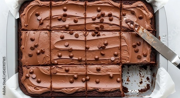 Fototapeta Overhead view of chocolate brownies with frosting and chips cut in square pieces