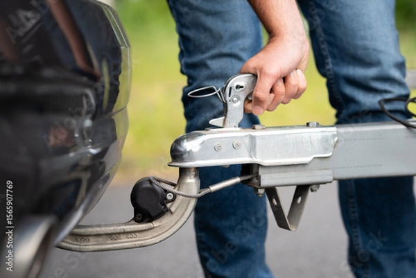Fototapeta Attach a trailer to the car close up. Locking the lever of the Hitch coupling to connect to the hitch ball. Usage of the tow hook below the rear bumper.