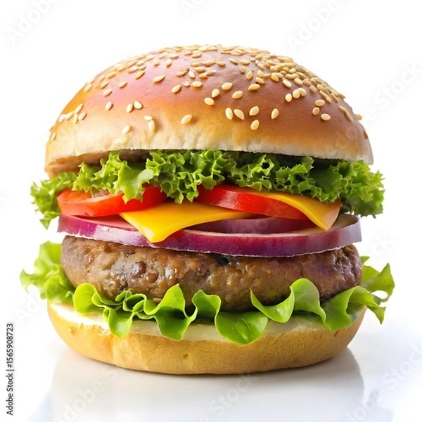 Fototapeta Classic Cheeseburger with Fresh Veggies on Sesame Bun With White Background
