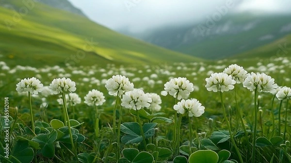 Obraz White Clover Field in Mountains