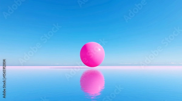 Fototapeta Minimalist pink sphere floating above still water with a perfect reflection under a clear blue sky. Surreal and modern visual ideal for design, branding, or conceptual advertising.
