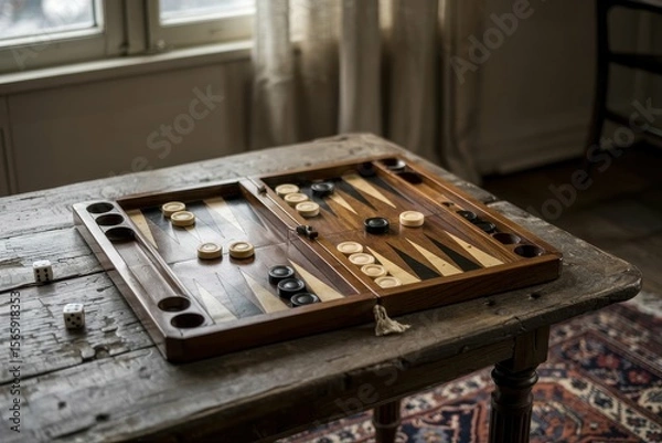 Fototapeta A photograph of a vintage backgammon board resting on a weathered wooden table