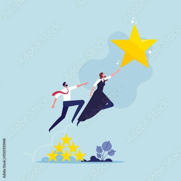 Fototapeta Business competition, race concept, businesswoman and man jump flying high to grab star, employees aspiring to aim, competitors rushing