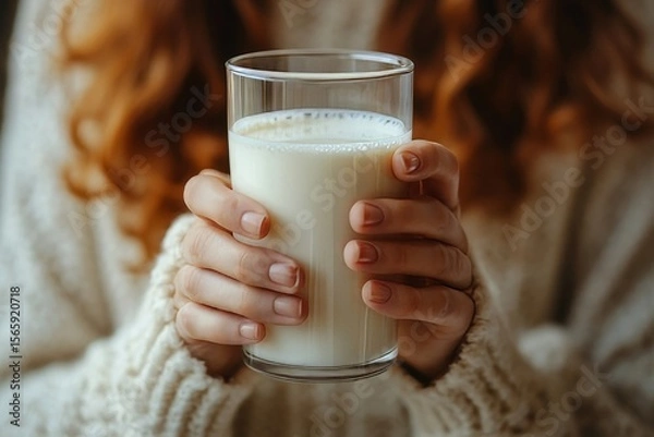 Fototapeta Lactose intolerance concept. Woman refusing to drink a glass of milk due to  discomfort, Generative AI