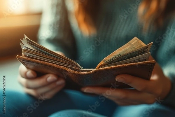 Fototapeta Close-up view of a person opening an empty wallet, reflecting the challenge of managing finances, Generative AI