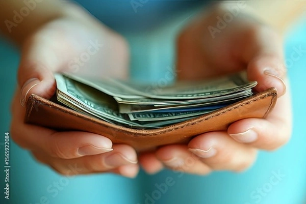 Fototapeta Close-up view of a person opening an empty wallet, reflecting the challenge of managing finances, Generative AI