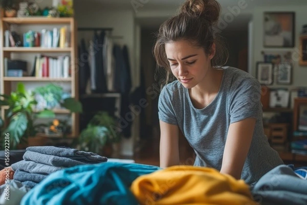 Fototapeta Housewife cleaning up clutter in the living room, organizing and tidying the home, Generative AI