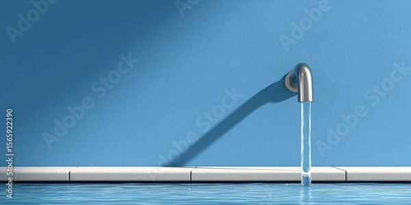 Fototapeta Water flowing from the faucet into a swimming pool, against a blue background.