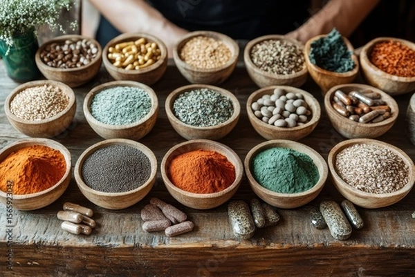 Fototapeta Mindful health habits: A person deliberates supplement information before consumption, ensuring nutritional awareness and well-being, Generative AI