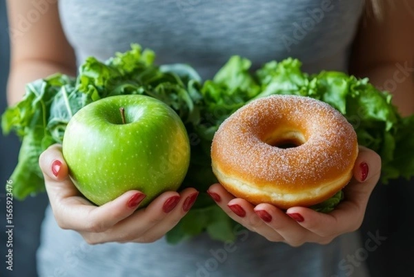 Fototapeta Woman on a healthy diet concept: Close-up of a female choosing green apple and vegetables over a tempting donut for better health, Generative AI