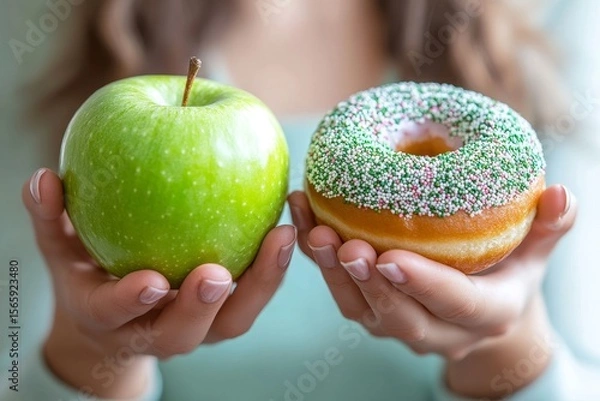 Fototapeta Woman on a healthy diet concept: Close-up of a female choosing green apple and vegetables over a tempting donut for better health, Generative AI