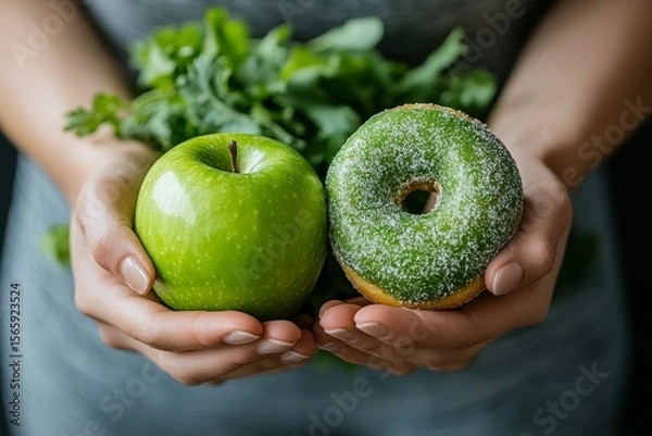 Fototapeta Woman on a healthy diet concept: Close-up of a female choosing green apple and vegetables over a tempting donut for better health, Generative AI