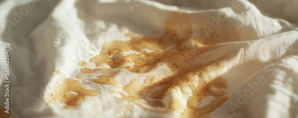 Fototapeta Dirty food mark on clothes: Close-up of a food stain on a shirt, preparing for cleaning before laundry to restore the fabric, Generative AI