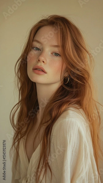Obraz A soft, ethereal portrait photograph captures a young woman with long, flowing auburn hair styled in loose, romantic curls
