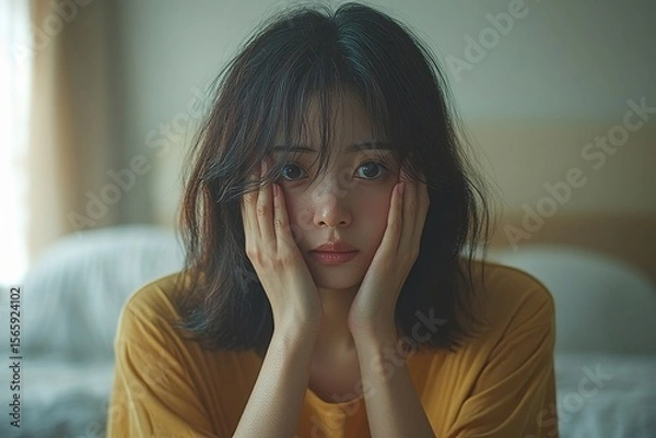 Fototapeta Family problems: Asian woman covering her face, sitting separately from her husband, feeling disappointed after a quarrel at home, Generative AI