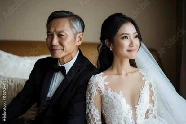 Fototapeta Family problem concept: Asian wife and husband sitting back to back in the living room, dealing with relationship issues and an argument, Generative AI