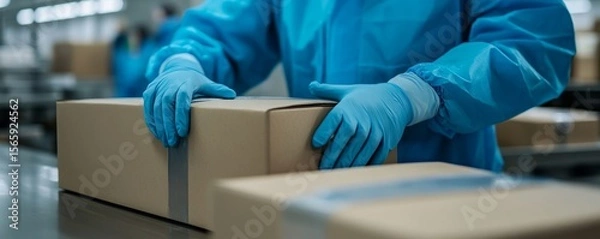 Fototapeta Careful packaging: Expert hands ensure secure shipping for online store products, guaranteeing customer satisfaction and safe delivery, Generative AI