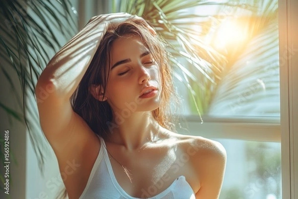 Fototapeta Heatwave concept: A woman feeling the intense heat at home, struggling with the summer heat wave, Generative AI