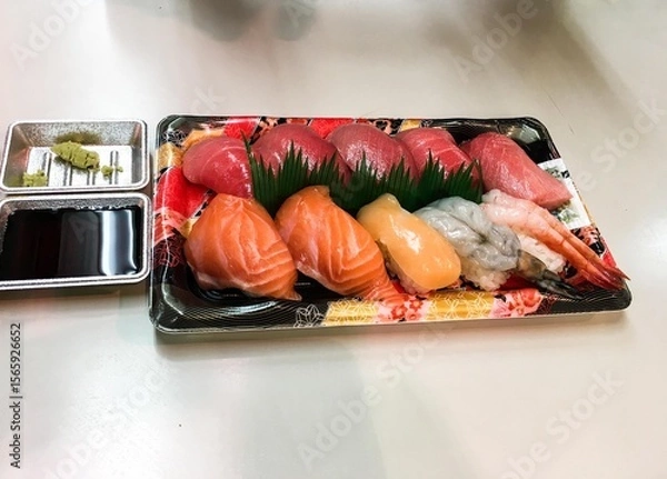 Fototapeta close up of takeaway assorted raw sashimi sushi, including salmon, tuna, octopus, prawns and clam, on a plastic box with soy sauce and wasabi on the side