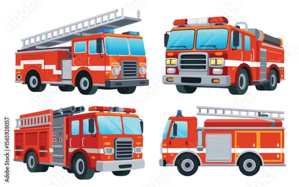 Fototapeta Four Stylized Red Fire Engine Trucks with Ladders on White Background Illustration