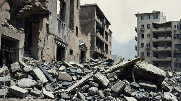 Fototapeta Close-up of destroyed city buildings. Rich textures, detailed focus on debris and damage.