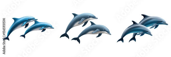 Fototapeta Two pairs of dolphins leaping joyfully in marine life scene with smooth blue bodies and dynamic movement