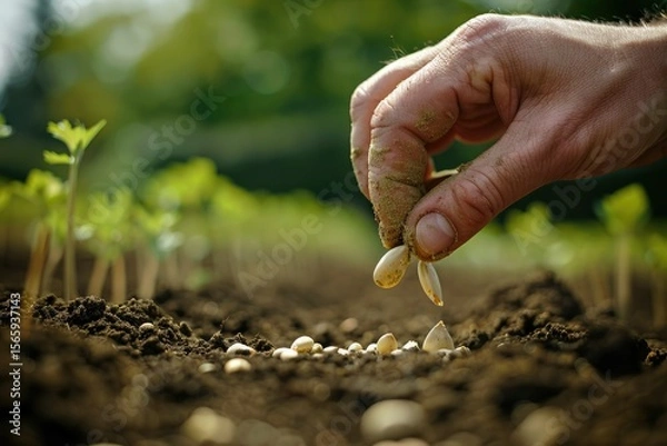 Fototapeta High Resolution Picture of Hand Planting Seeds in Fertile Ground Earth Day Concept