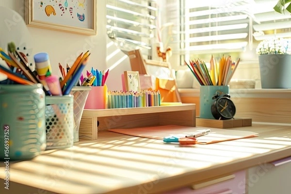 Fototapeta Vibrant Picture of High Angle of Childrens Desk with Organizer