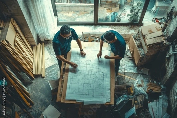 Obraz Engineer contractor team brainstorming to design a room layout for a project reconstruction house, collaborating to ensure effective space planning, Generative AI