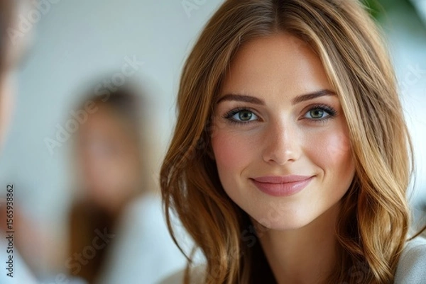 Obraz Friendly businesswoman interviewing a new applicant for the marketing team in her office, assessing their skills and potential for the team, Generative AI