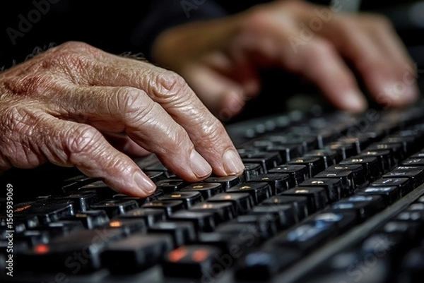 Obraz Close-up hands of people typing on a laptop keyboard, demonstrating focus and productivity in the workplace or home office, Generative AI