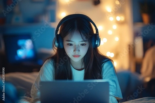 Obraz Young Asian female self-learning through video webinars at home, engaging in online education for personal growth, Generative AI